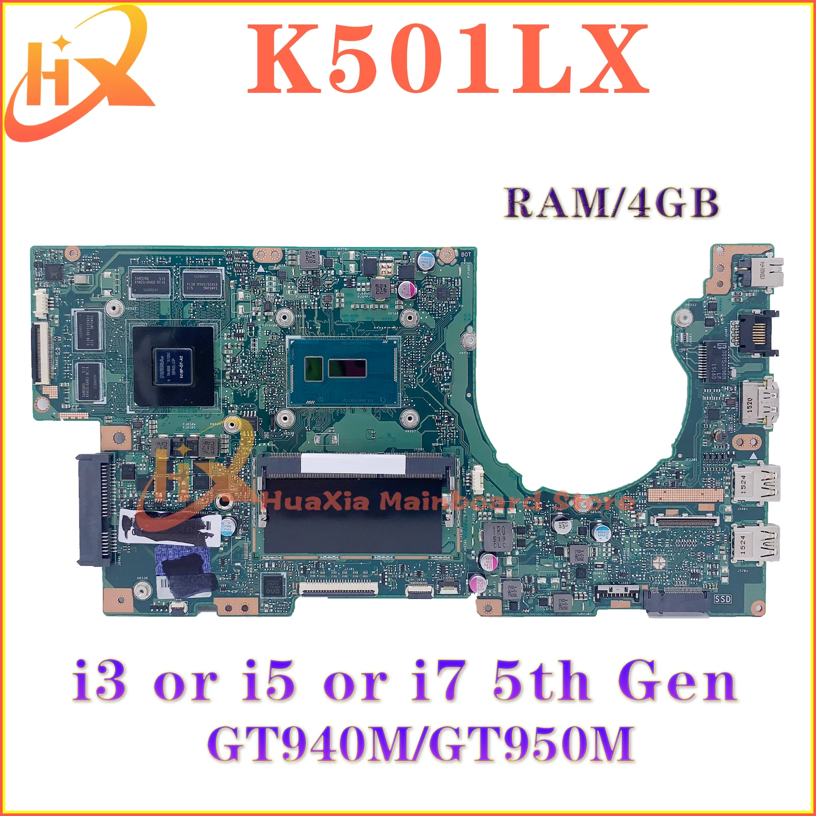 K501LX Mainboard For ASUS A501L V505L K501L K501LB K501 Laptop Motherboard I3 I5 I7 5th Gen 4GB-RAM GTX950M/GT940M 100% TEST OK