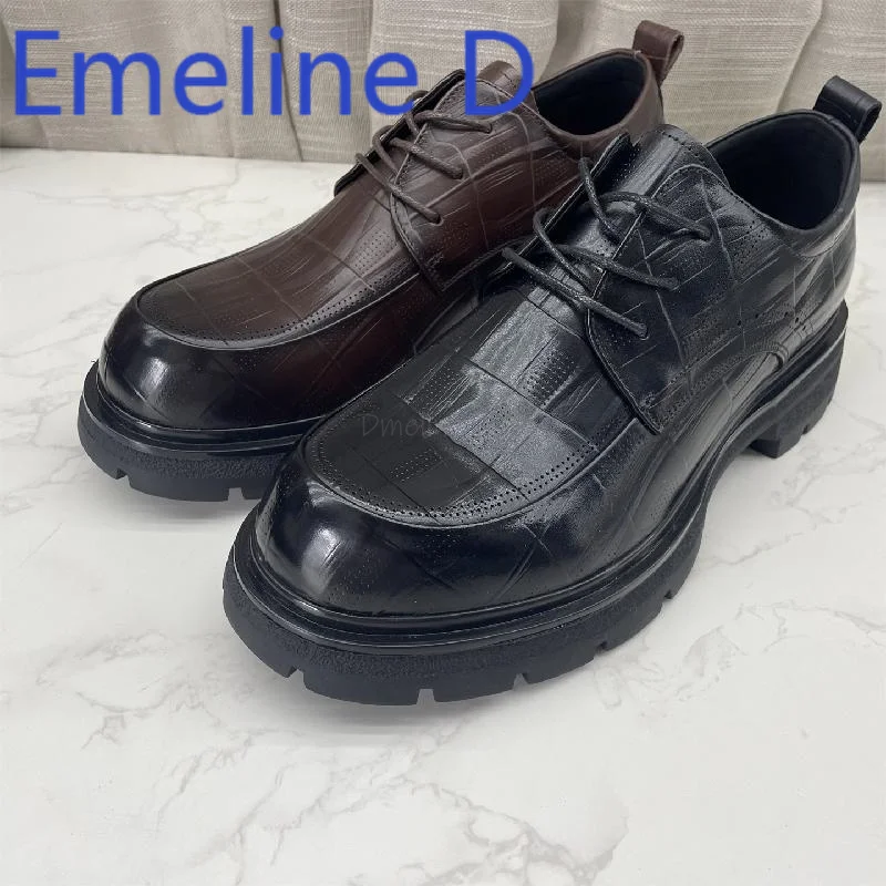

Embossed Business Formal Leather Shoes Men's Fashionable Lace Up Design Round Toe Height Increasing British Style Derby Shoes