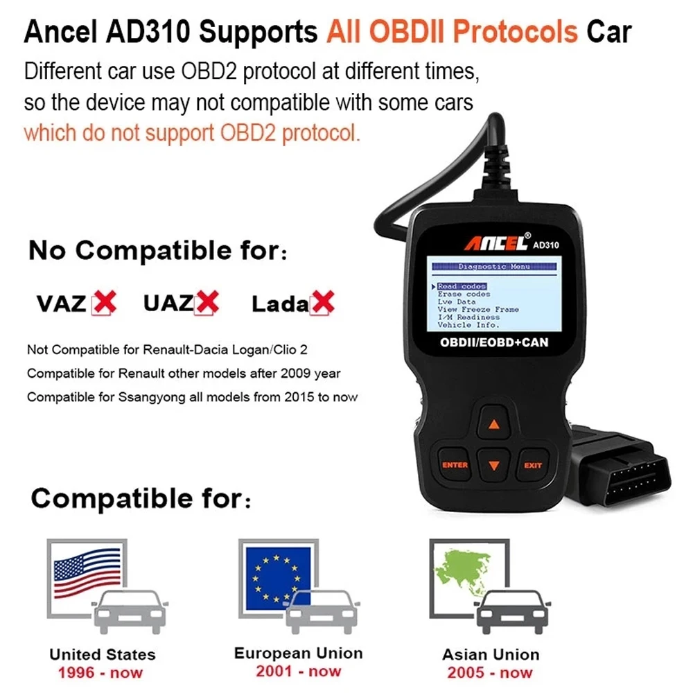 ANCEL AD310 Car Full OBD2 Diagnostic Tools OBD ll Automotive Professional Auto Code Reader Scanner Check Engine Light DTC Lookup