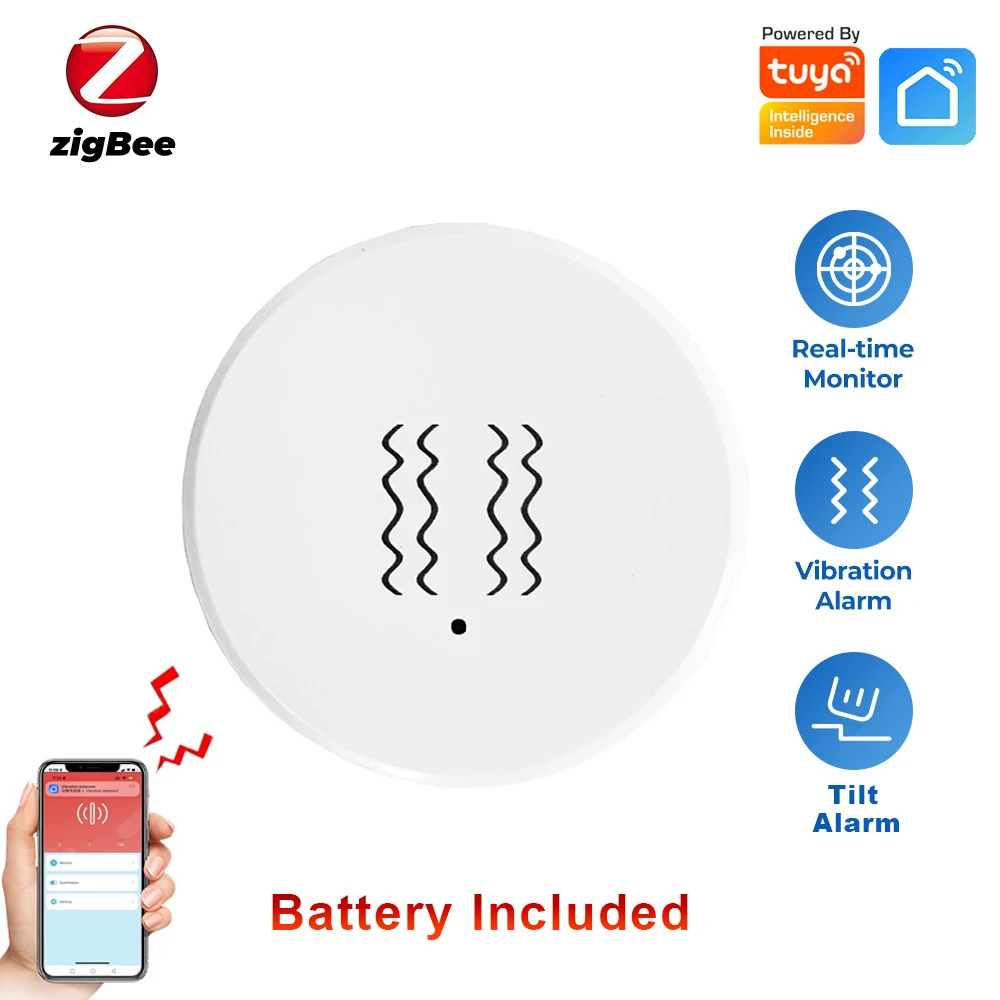 Tuya Zigbee Inteligente Vibração Sensor, Tilt Detector, Home Security, Proteção, Smart Life App, Monitor em tempo real, Notificação de alarme