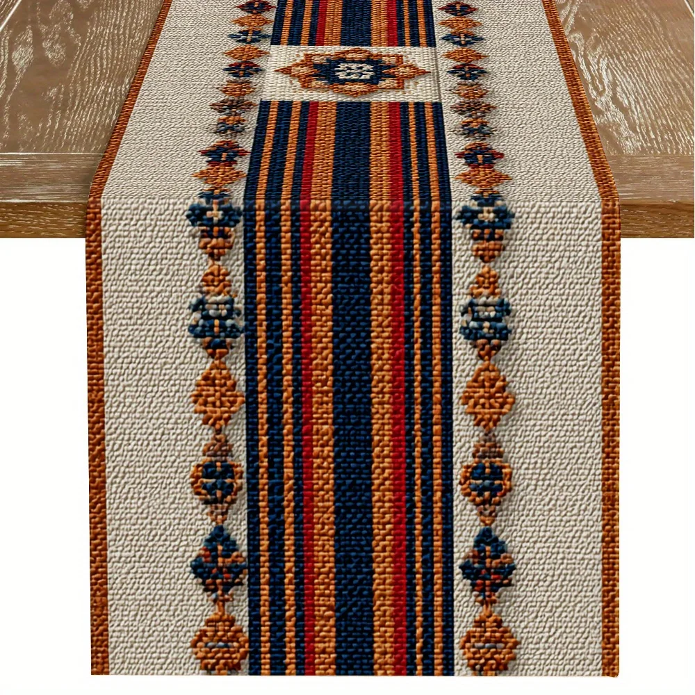 

1pc Boho Striped Table Runner - Linen 2D Print, Dining Kitchen Living Room Decor, Ethnic Home Decoration Gift