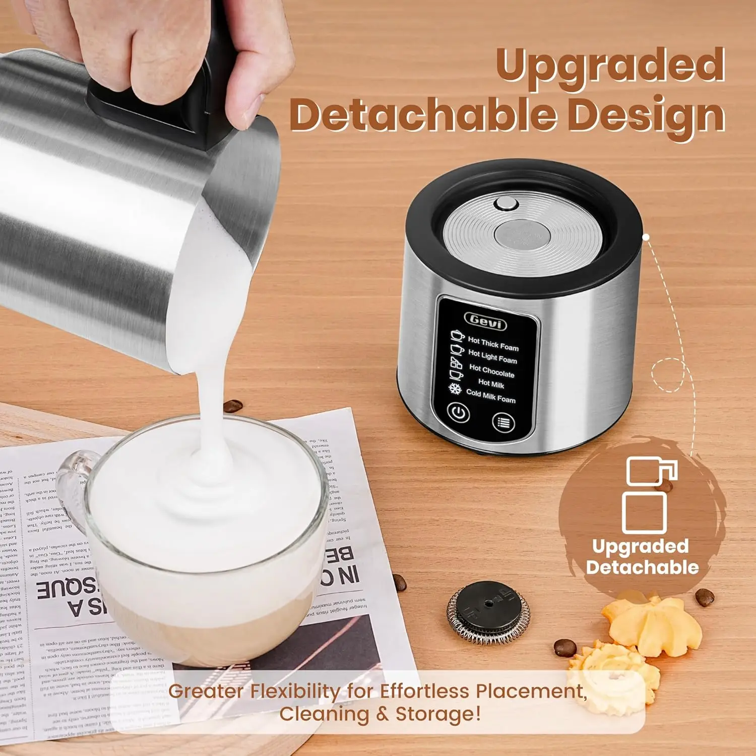 ماكينة صنع الشوكولاتة الساخنة مع رغوة الحليب وبخار 5 في 1، مكواة بخار الحليب الاحترافية، 17 أونصة/3.5 أونصة، ستانلس ستيل