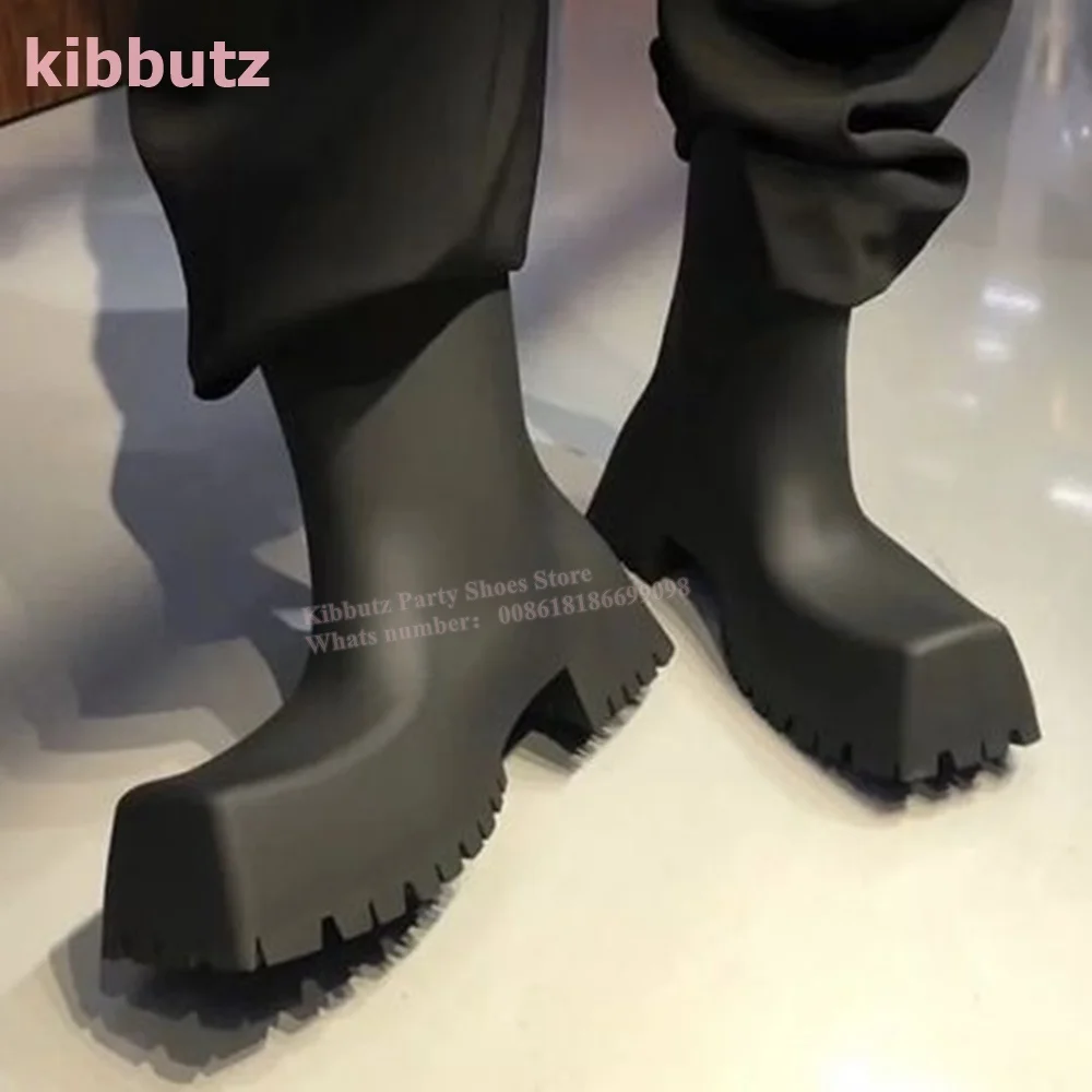 Genuine Leather Ankle Rain Boots Solid Color Square Toe Platform Chunky Heel Slip-On Fashion Runway Show Sexy Elegant Women Shoe