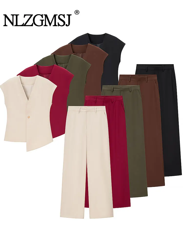 

NLZGMSJ 2025 офисный женский однотонный костюм с v-образным вырезом без рукавов и пуговицами, асимметричный жилет, прямые свободные брюки на молнии, модные комплекты