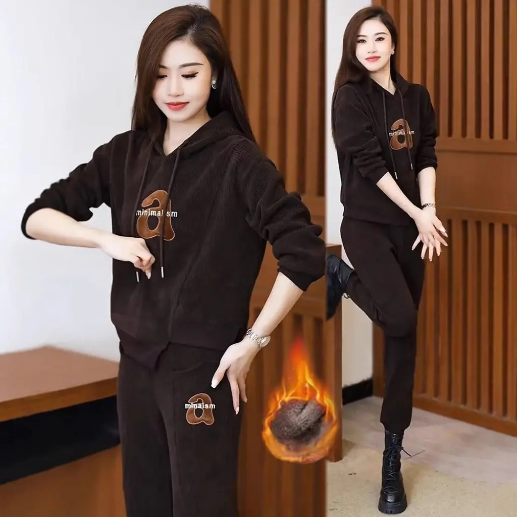 

Женский утолщенный повседневный комплект из двух предметов на флисовой подкладке, утягивающий спортивный костюм с капюшоном в западном стиле на осень-зиму