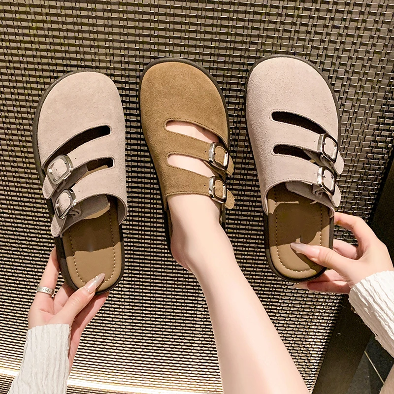 

New Women's Shoes Slip on Female Flats Durable Belt Buckles Mules Fashion Wear Resistant Women Half Slippers Retro Zapatos Mujer