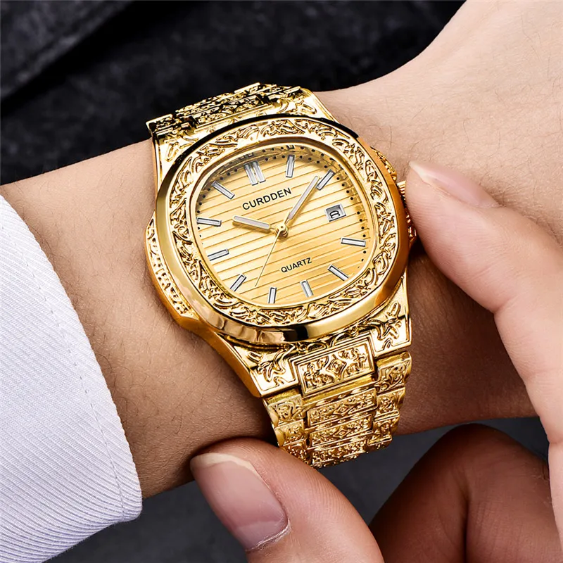 Male Genuine CURDDEN Brand Clock Fashion Alloy Band Unique Arabesque Hip Hop Golden Date Designer Watch Relojes Lujo Marcas Men