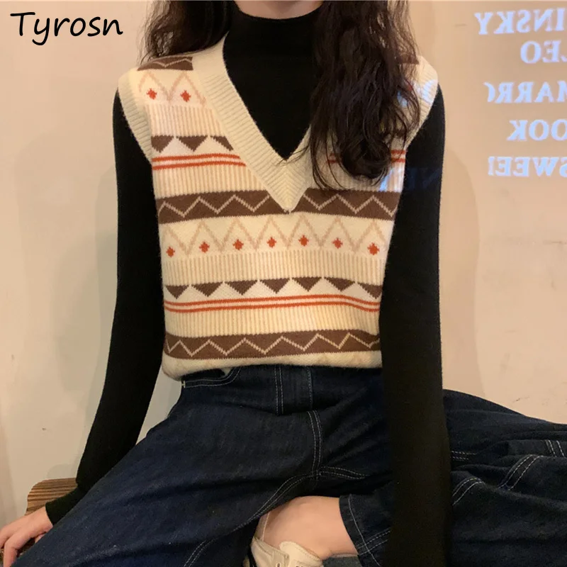 

Striped Sweater Vests Women Cozy Indie Folk Style Loose V-neck Students Gentle Vintage Knitting Harajuku Sweet College All-match