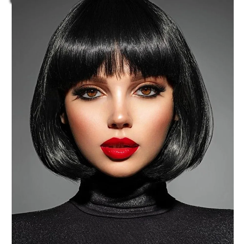 

Lace Front Bob Wig Black Short Hairpiece Heat Resistant Synthetic Center Parted Inward Curly Short Straight Hair