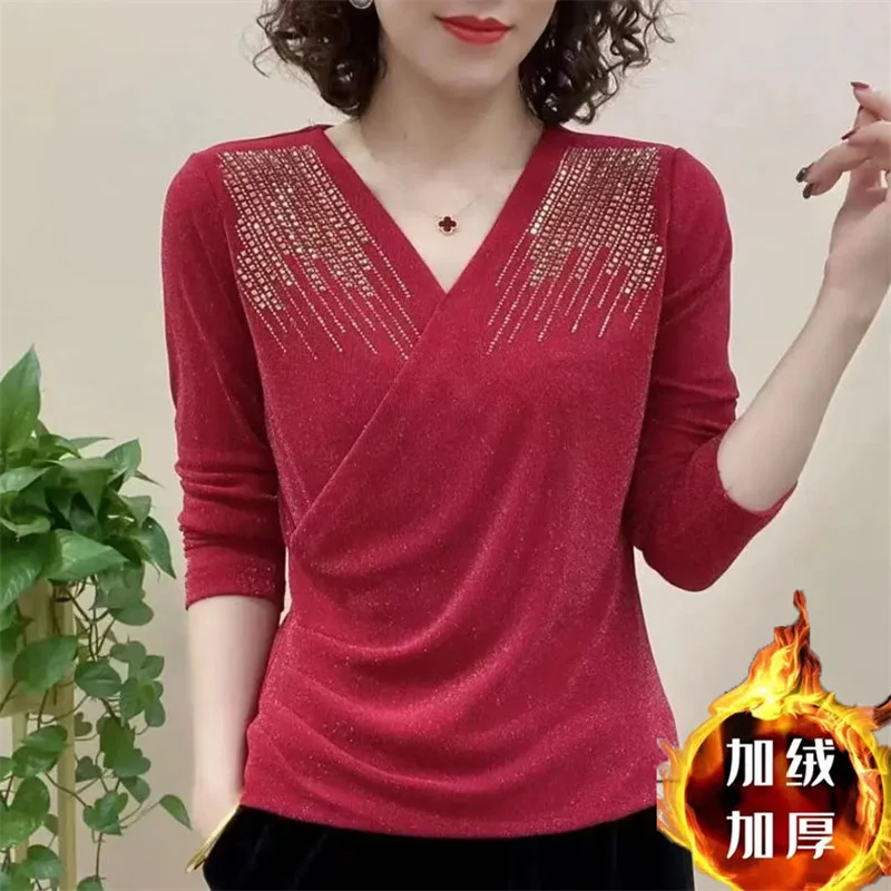 High-Grade Mesh Rhinestone Bottoming Shirt Women\'s Autumn And Winter New Western Style Joker Wear Warm Blouse Underwear