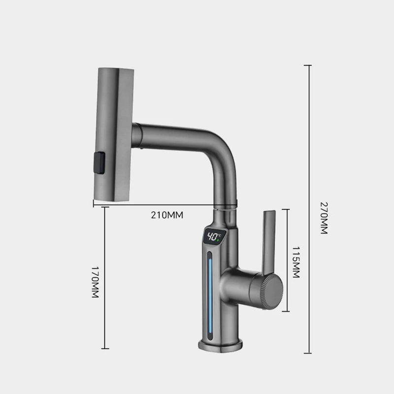 Imagem -05 - Torneiras de Cozinha Led Cinza Retire Rotação Corrente de Cachoeira Cabeça de Pulverizador Torneira de Água Quente e Fria