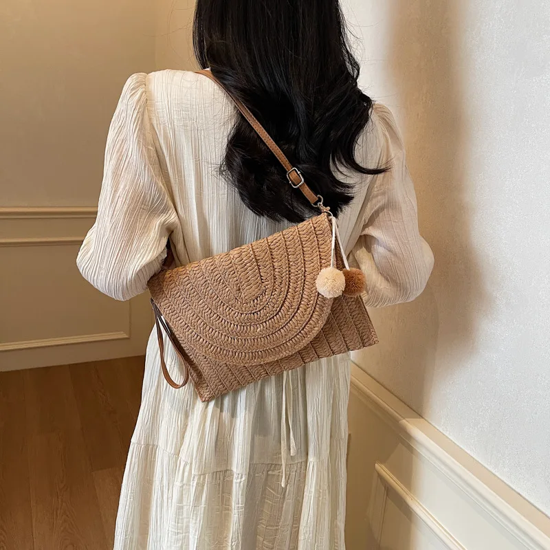 

Плетеная сумка из соломы для пляжного отдыха, через плечо, на одно плечо, женская, модная, универсальная, однотонная, простая