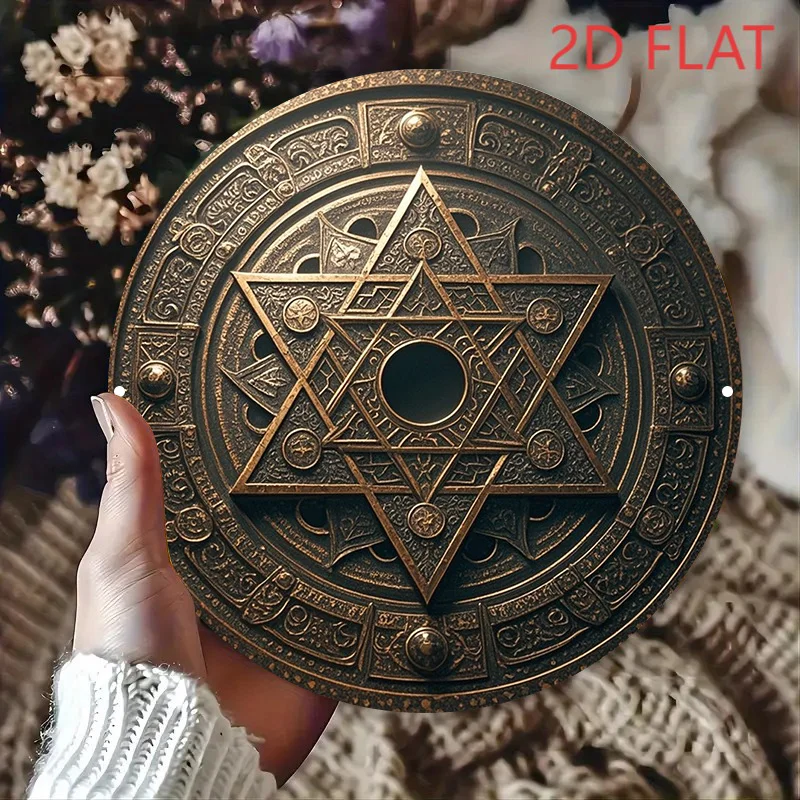 CIFBUY Vintage Bronze Hexagram Metal Sign Round Aluminum Wall Art Waterproof Durable for Restaurant Bar Living Room Home Decor