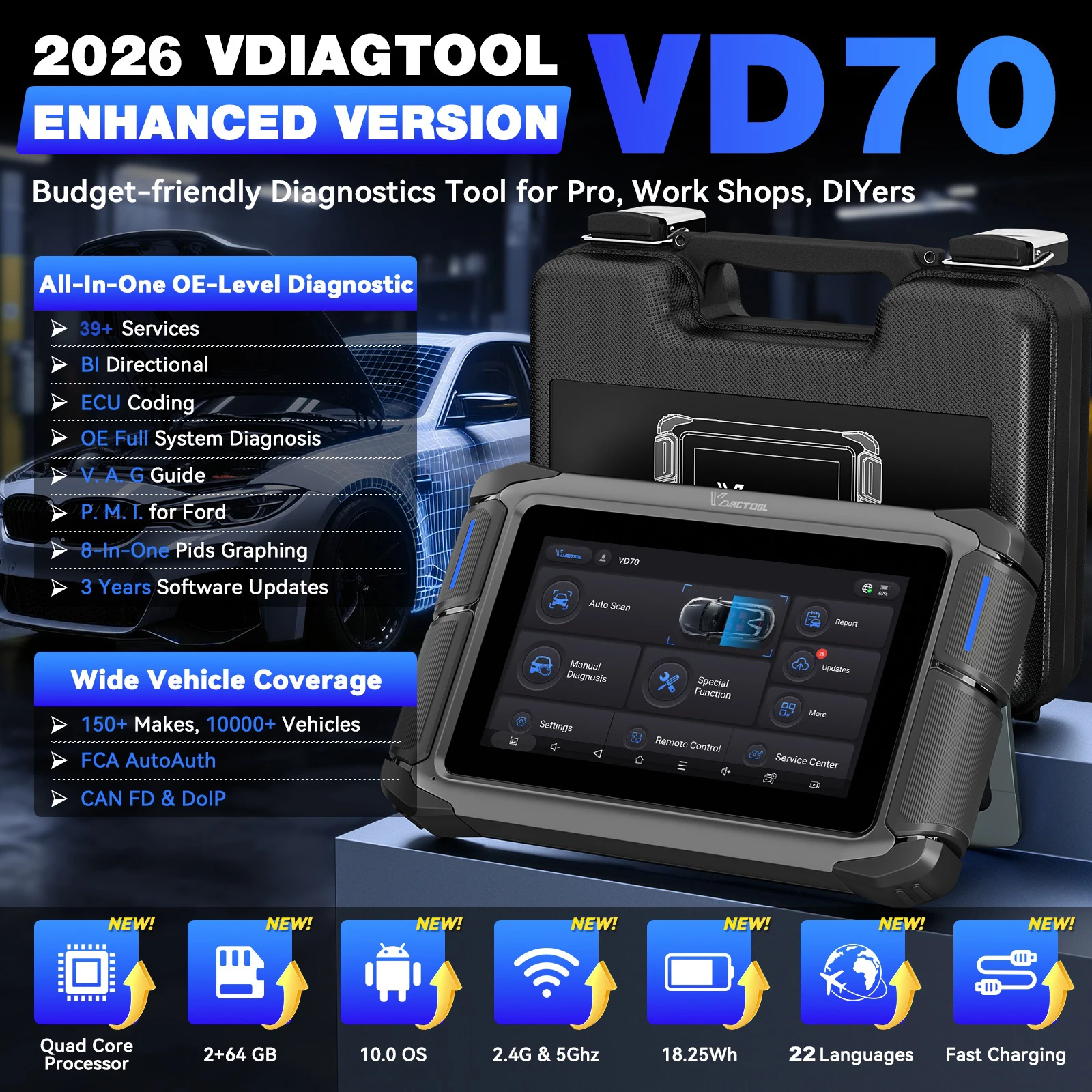 

Автосканер VDIAGTOOL VD70 OBD2 для диагностики автомобилей, программирования ЭБУ, с 39+ функциями сброса, поддержкой DOIP, программатор ключей FCA.