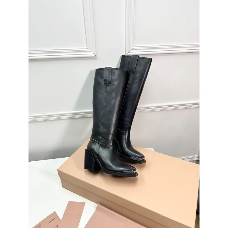 2024 Casual Genuine Leather Thick-heeled Than Knee Retro High-heeled Boots Top Layer Cowhide Knight Boots Women Shoes Black