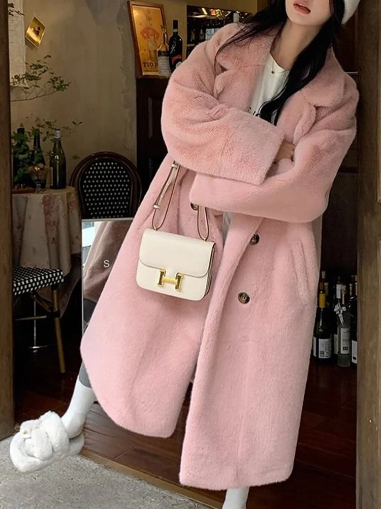 Winter Long Jackets Women Korean Fashion Thicken Warm Faux Fur Coat Female Casual Loose Double Breasted Lapel Plush Outerwear