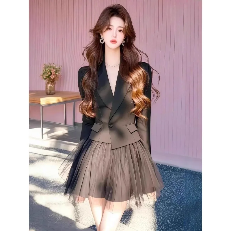 

Новый корейский модный элегантный тонкий комплект из двух предметов, женский осенний короткий пиджак с лацканами и длинными рукавами + сетчатая мини-юбка, костюм для офисной леди
