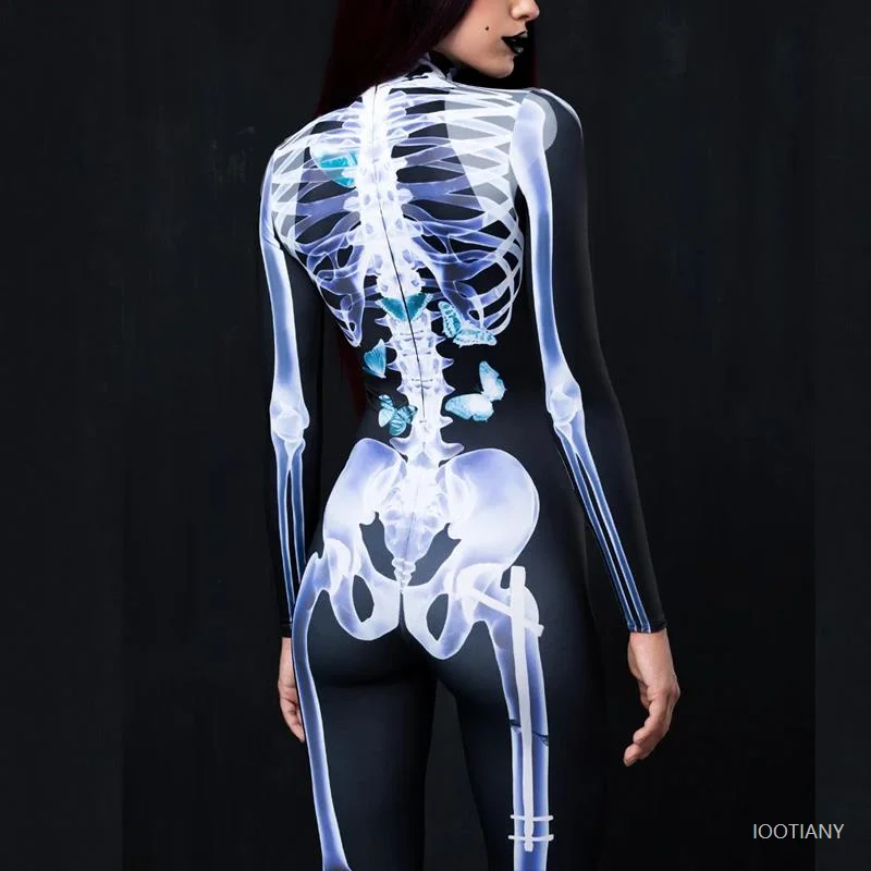 Esqueleto de raio X feminino, cosplay de Halloween macacão para menina, festa de carnaval, fato zentai, bodysuit horro, roupas femininas, 2024