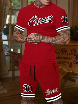 Erkek yaz iki parçalı spor tarzı No. 30 mektup baskılı tişört rahat kısa kollu İpli şort erkek yaz giyim