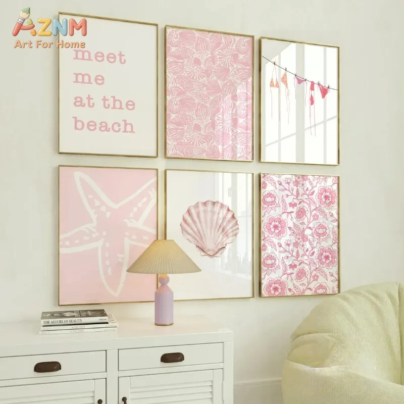 Pink Beach Gallery Wall Art Set of 6 Coastal Seashell Starfish Print Summer Bikini Canvas Painting Girls Bedroom Decor Unframed