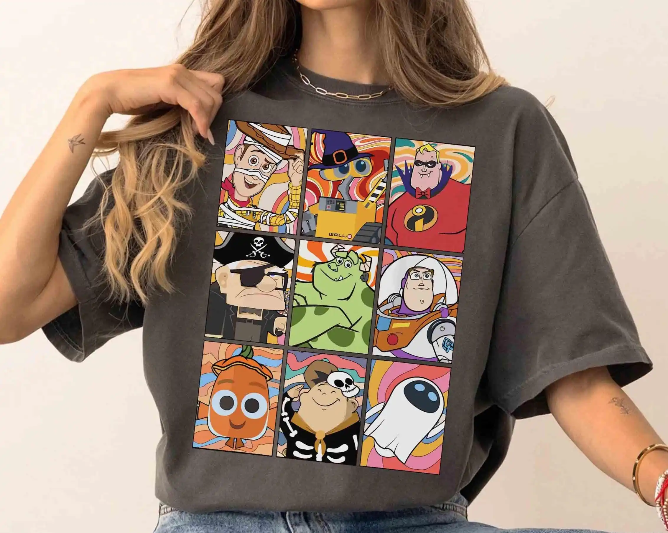 خمر شخصيات ديزني بيكسار هالوين صور قميص لعبة قصة الهيكل العظمي سيارات المومياء الوحش Inc المحملة