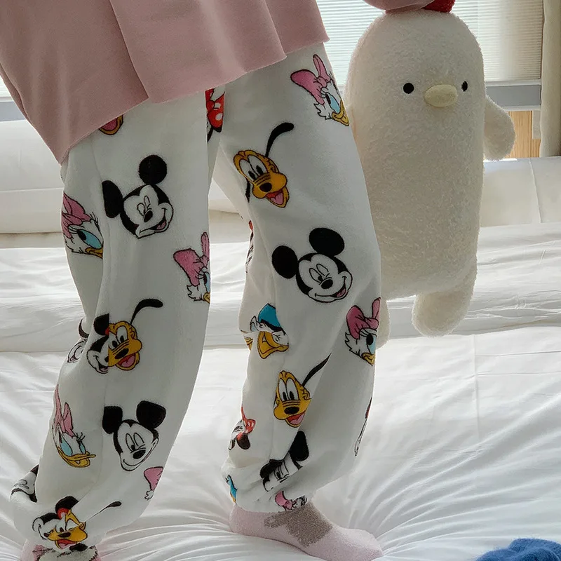 New Anime Disney Pajama Pants Kawaii Mickey Mouse Plush Home Pants Cartoon Minnie Coral Velvet Warm Leisure Pajama Pants