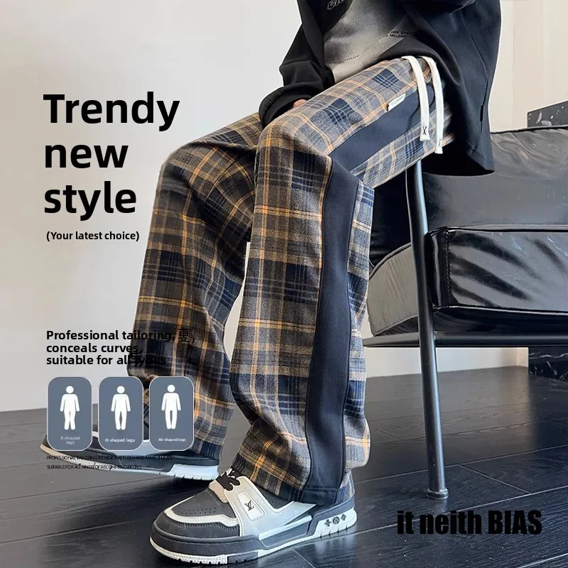 

Men's Plaid Fce Lined Straight Leg Casual Pants Retro American Sle Spor Trousers Comfortable Loose Fit Daily Wear