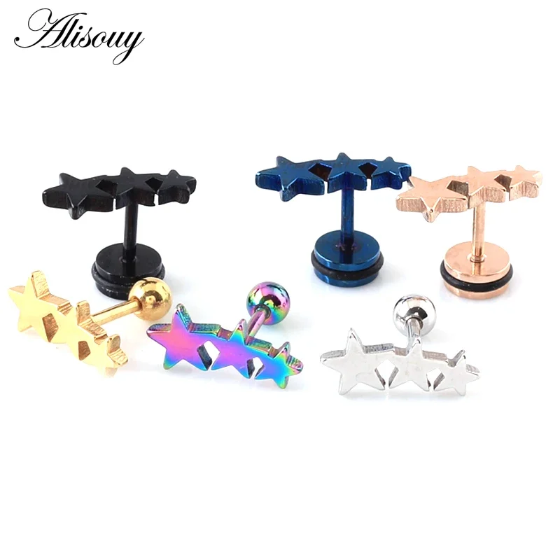 2pcs Stainless Steel Three Triple stars Cartilage Piercing Men Women Stud Earrings