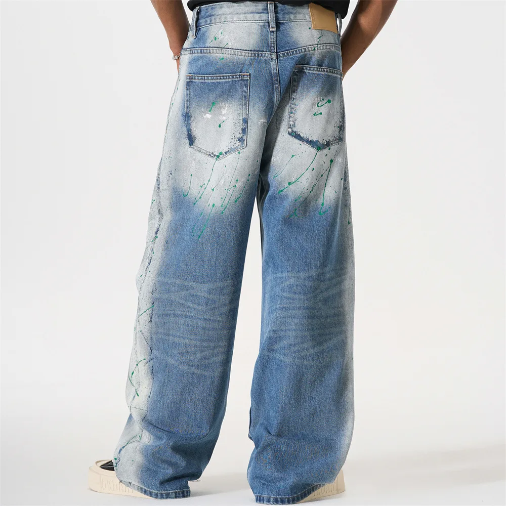 MWJLPWQ Punk Gradient Tie-Dye Jeans For Men Street Style Paint Splatter Distressed Dirty Wide-Leg Straight-Cut Niche Pants 17284