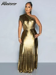 Mlaiscsr Metallic Golden One Shoulder Sleeveless Pleated A-Line Long Dress Elegant Women Luxury Birthday Evening Gowns Vestidos