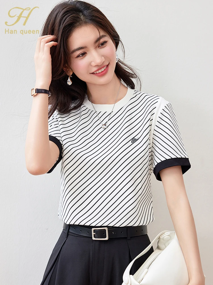 H Han Queen Summer Female Clothing Simple Office T-Shirt Short Sleeve Tops Casual Korean Style Vintage Stripes Loose Tee Women