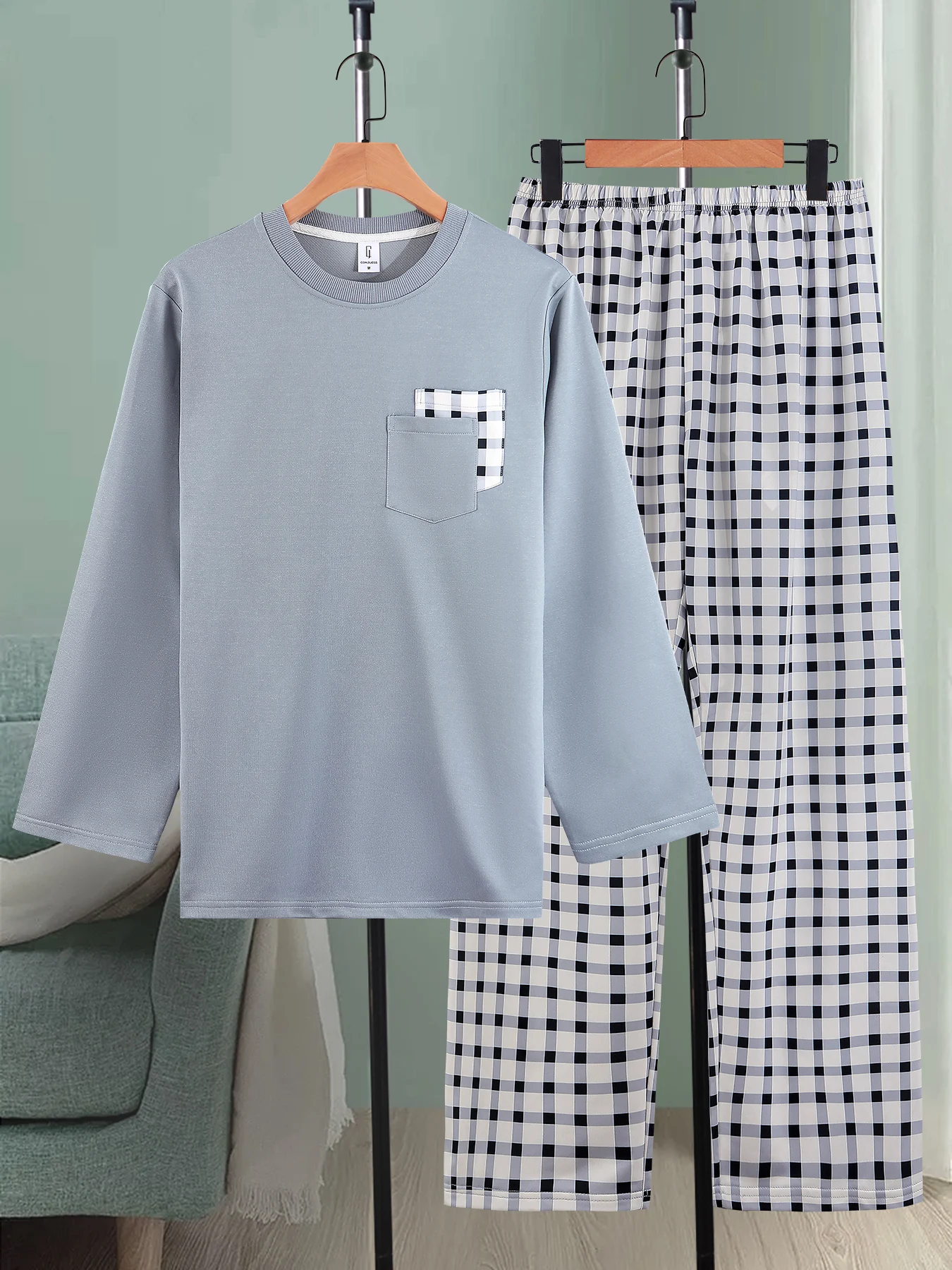 

Minimalist Blue & Gray Color Block Loungewear Set Men Spring Fall Plaid Pocket Long Sleeve & Plaid Pants 2 Piece