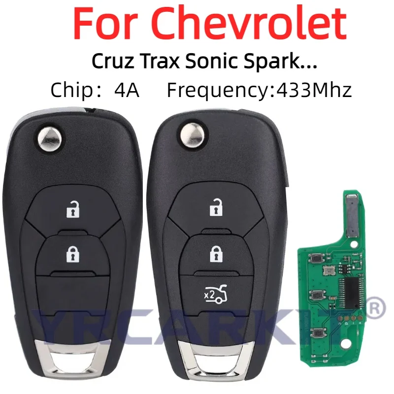 For Chevrolet Cruz 2015 Trax Sonic Spark 2021 Onix RS Aftermarket Filp Car key Remote Control 433.92FSK 4A chip  2/3/4 buttons