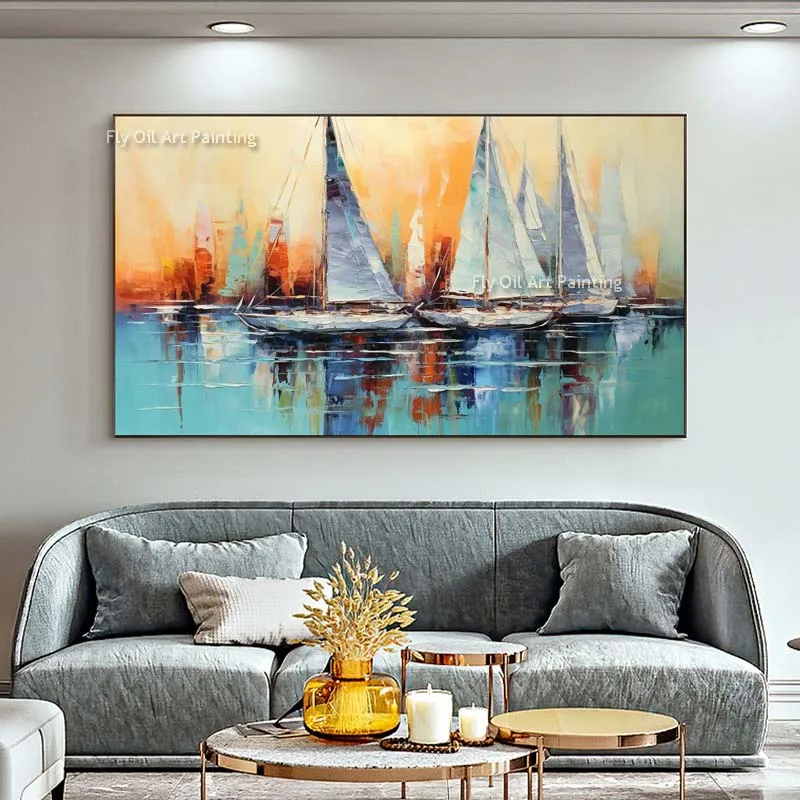 Sea Sailing Team Seascape Oil Painting Handmade Original Blue Sea View Landscpae Orange Coastal Cities Art For Decor Unframed