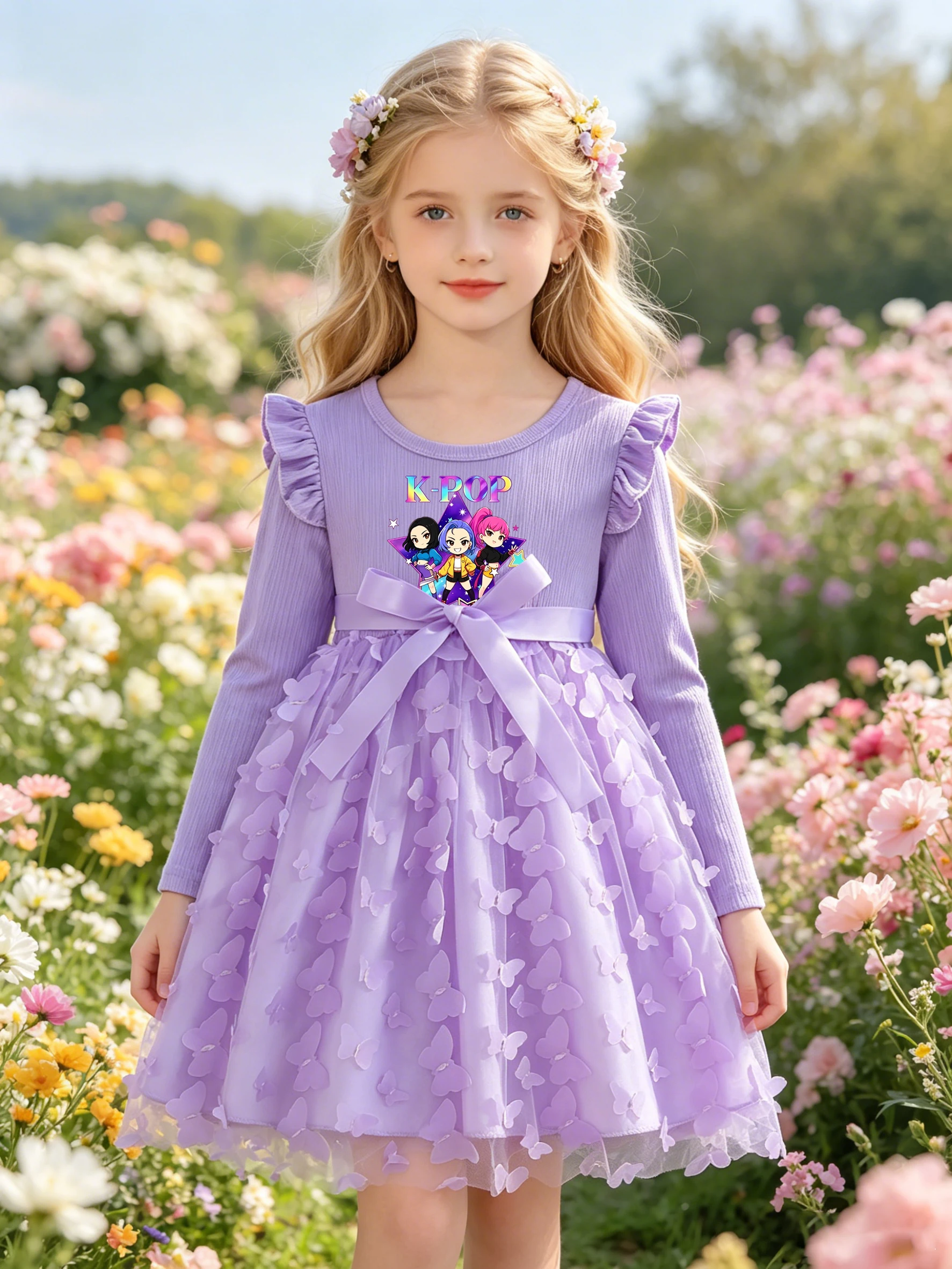 Mädchen-Kpop-Kleid mit Cartoon-Print, langärmliges Schmetterlings-Mesh-Kleid, lässiges, locker sitzendes Kleid für Kinder, Kleidung im Idol-Stil – Detail 3