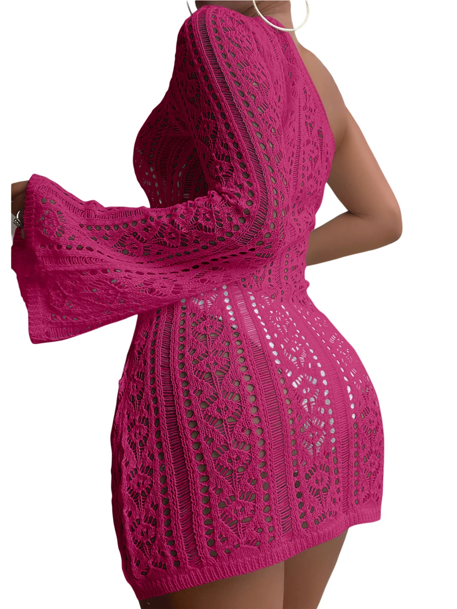 Costume da bagno da donna Boho lavorato a maglia all'uncinetto con spalle scoperte, manica lunga, tunica da spiaggia, top estivo, maglieria scavata