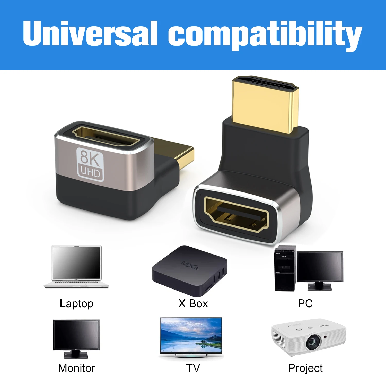 8K HDMI-compatible Adapter 90 Degree and 270 Degree 2 Pack Right Angle Male to Female Connector Converter for PC monitor TV box