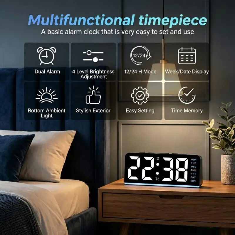 USB Powered Digital Alarm Clock with Blue Mood Lights TEMP Week 2 Alarm Table Clock 4 Levels Brightness 12/24H LED Clock