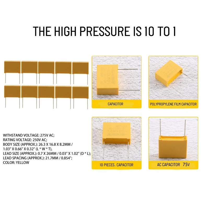 ポリプロピレンフィルム安全コンデンサ,ACコンデンサ,275v,1uf,10個