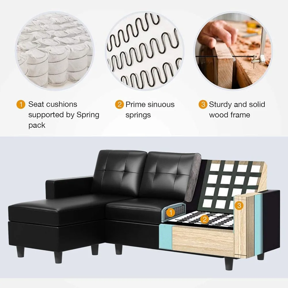 โซฟาหนังเทียมแบบแบ่งส่วน โซฟารูปตัว L แบบปรับได้ เหมาะสําหรับพื้นที่ขนาดเล็ก สีดํา