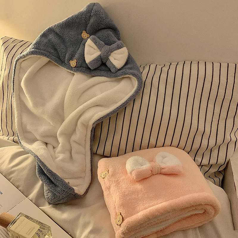 لطيف القوس قبعة تجفيف الشعر للنساء عالية المظهر طبقة مزدوجة سميكة سوبر ماصة سريعة الجافة قبعة الدش غسل الشعر توي #5