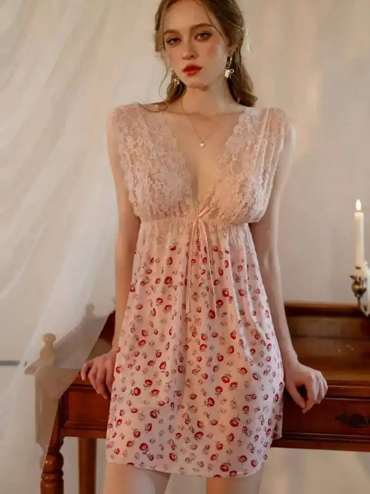 Neue Sexy Blumendruck Spitze Mesh Pure Desire Casual Style Kleid Charmantes elegantes rückenfreies tiefes V-Hosenträger ärmelloses Kleid UO4Y