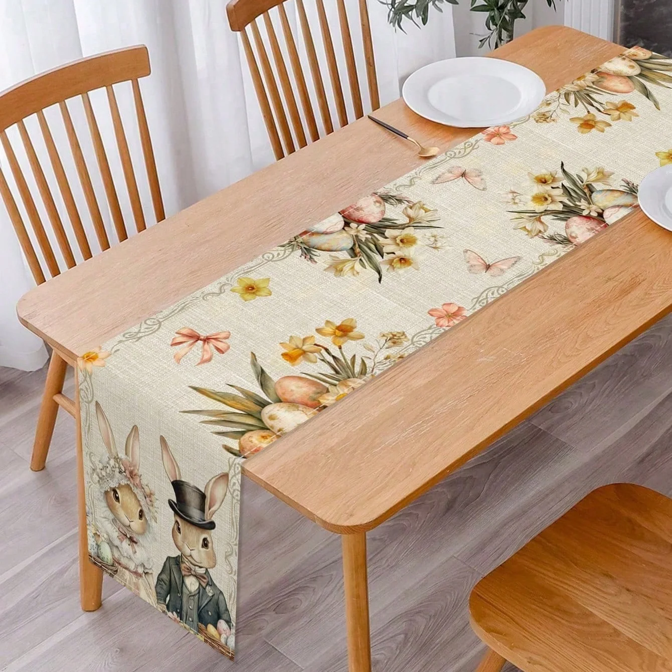 1 Stück Oster-Tischläufer im Retro-Stil mit Hasenmotiv, Blumen-Ei- und Schmetterlings-Tischdekoration, Party-Fotorequisiten