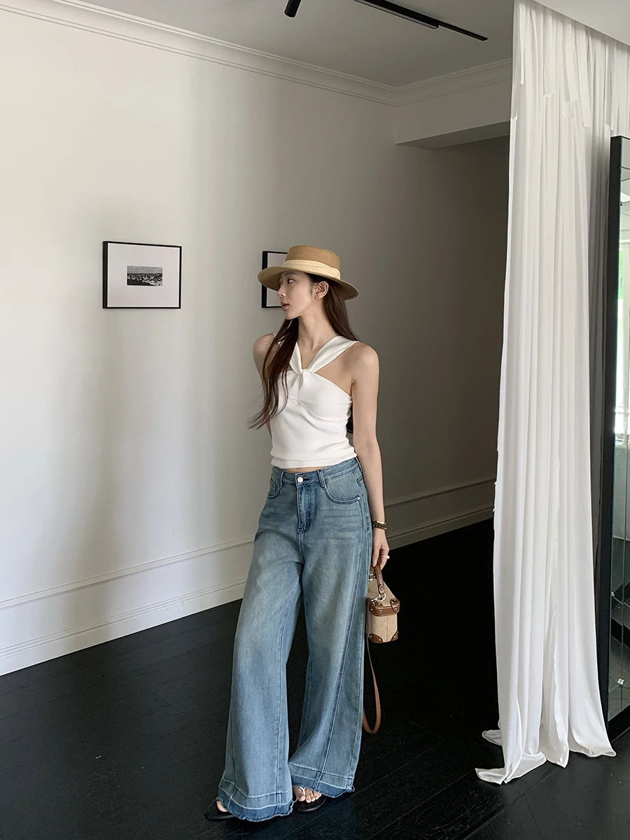 

Anjiu Yue Cotton Sensation Denim Lazy Feng ui Винтажные джинсы с завышенной талией Широкие брюки длиной до пола Повседневные прямые длинные брюки