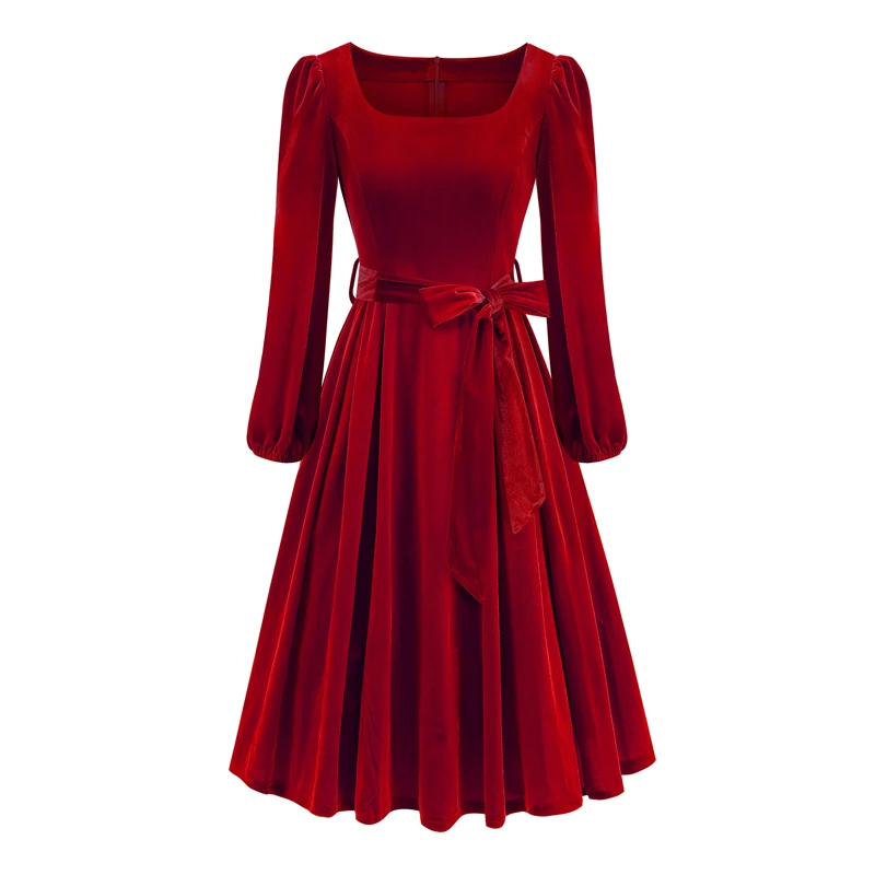 

S-XXL Women Red Retro Velvet DressSquare Neck Long Sleeve Bow Belt A-Line Swing Skirt Wedding Banquet Christmas Party Dress