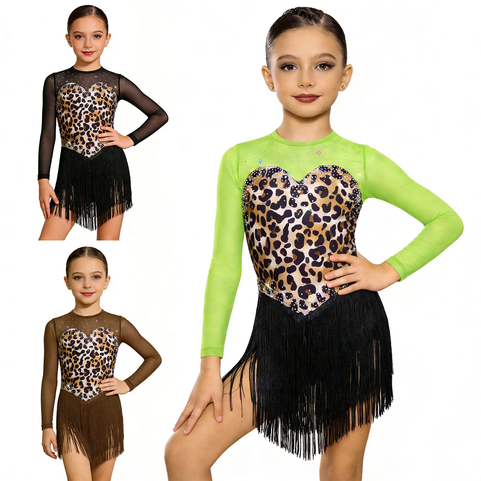 Kids Girls Tassel Latin Dance Dress Mesh Long Sleeve Leopard Print Fringe Leotard Jazz Samba Rumba Tango Competition Dancewear view 5