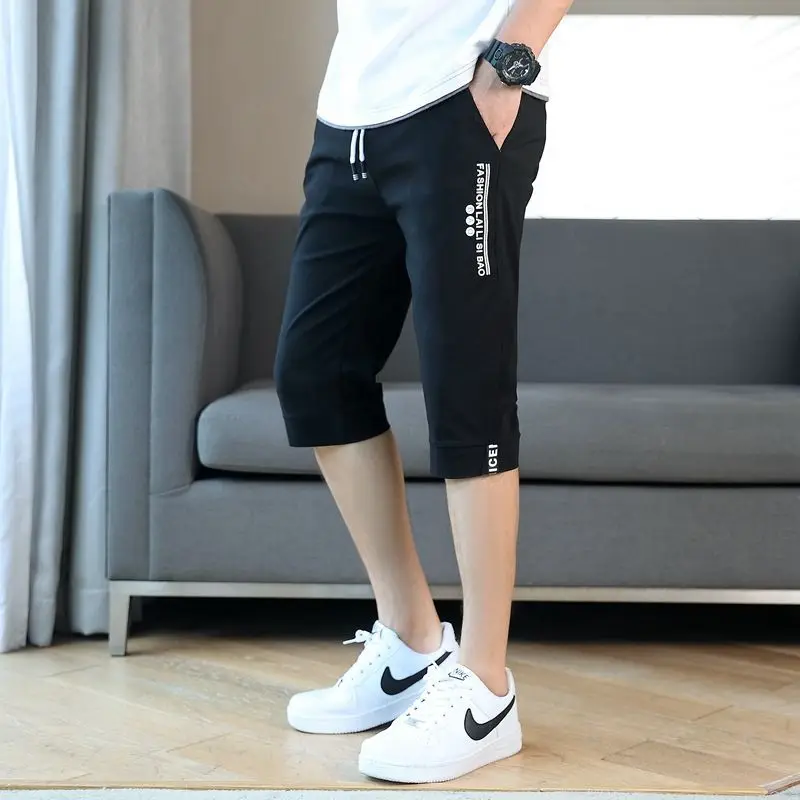 Summer Ice Silk Cropped Pants Men Loose Quick-drying Casual Ultra-thin Air-conditioning Running Fitness Sports Large Size Loose