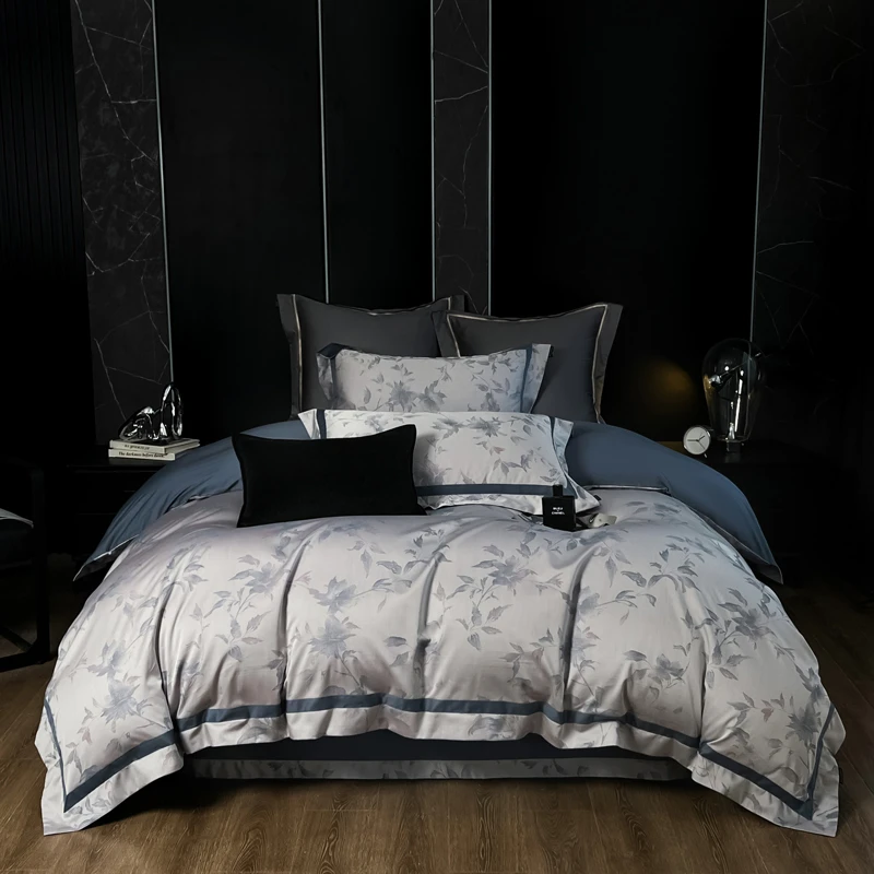 Blue Gray Yarn Dyed Leaves Jacquard Bedding Set 600TC Egyptian Cotton Soft Silky Duvet Cover Bed Sheet/Fitted Sheet Pillowcases