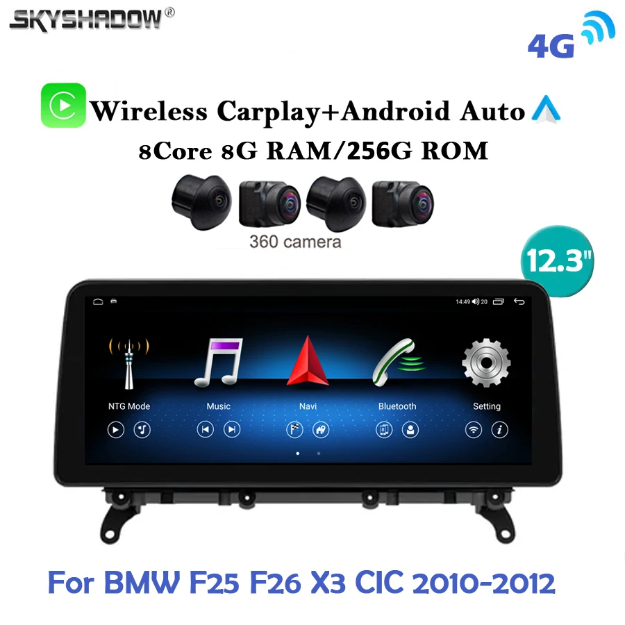 12.3'' Qled CarPlay Auto Android 13.0 8G+256G 4G LTE Car DVD Player GPS WiFi Bluetooth Radio For BMW F25 F26 X3 CIC 2009-2012