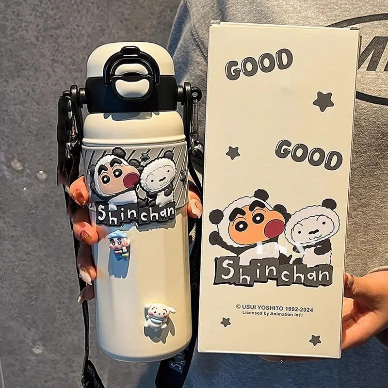 Gourde isotherme Crayon Shin Chan avec paille, en acier inoxydable, thermos portable, mignonne tasse à boisson pour le bureau et les voyages quotidiens